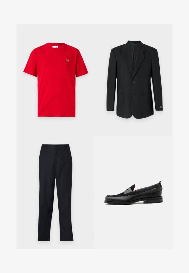 Schwarzes Blazer aus glattem Stoff, mit Reverskragen, zwei Vorderaschen, zwei Knöpfen und einem dezenten Logo am Ärmel.; Rotes Baumwoll-T-Shirt mit kurzen Ärmeln, Rundhalsausschnitt und kleinem grünen Krokodil-Logo auf der linken Brust. Glatte Textur, lässige Passform.; Marineblaue Hose aus glattem Stoff, mit geradem Beinschnitt, einem einzigen Knopfverschluss und dezenten vorderen Falten.; Schwarzer Lederloafer mit grauem Riemendetail, niedrigem Absatz und strukturierter Sohle, seitlich mit „HUGO“ in Gold gebrandmarkt.