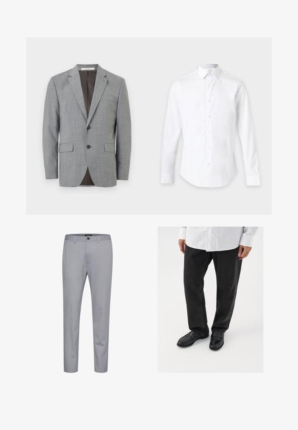 Blazer pour homme gris clair avec revers à encoche, fermeture à deux boutons, poches à rabat et doublure intérieure gris foncé, présenté de face sur fond blanc.; Chemise blanche à manches longues avec boutons et col classique, présentée sur un fond clair uni.; Pantalon à motifs gris en tissu au toucher lisse. Comprend une fermeture à bouton et une coupe fuselée.; Pantalons en denim noir associés à des mocassins noirs brillants. La chemise est blanche avec de fines rayures verticales, avec des manches longues et un col boutonné.