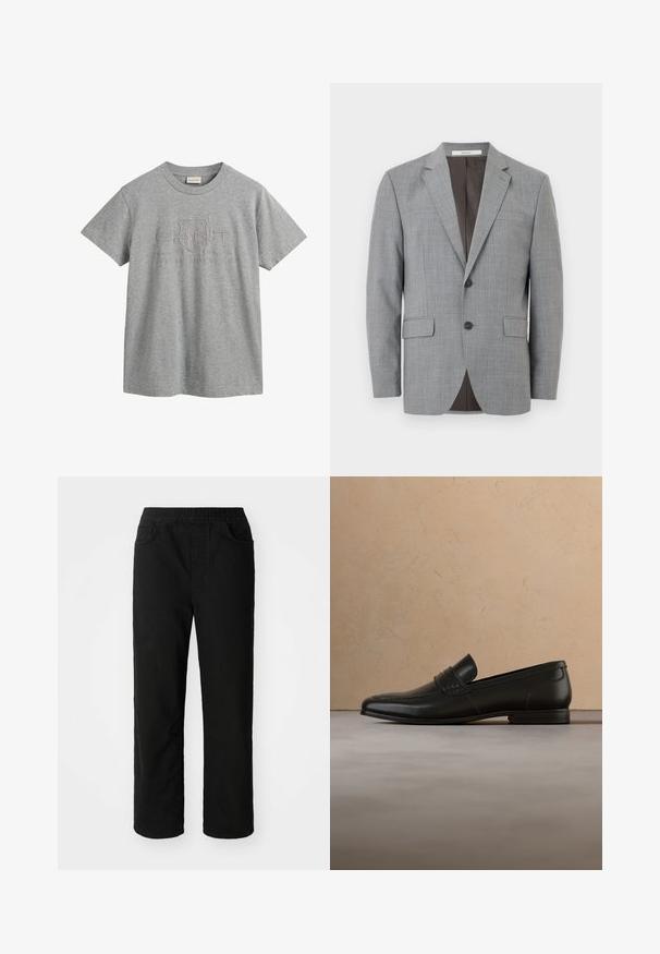 Blazer pour homme gris clair avec revers à encoche, fermeture à deux boutons, poches à rabat et doublure intérieure gris foncé, présenté de face sur fond blanc.; T-shirt en coton gris à manches courtes, avec un col arrondi, présentant un design de logo en relief incluant "GANT" et "American Sportswear."; Pantalons en coton noir avec une coupe décontractée, taille élastique, deux poches avant et jambes droites. Texture lisse sans motifs visibles.; Mocassin en cuir noir présenté en lévitation au-dessus d'un tapis beige avec un canapé beige en arrière-plan.