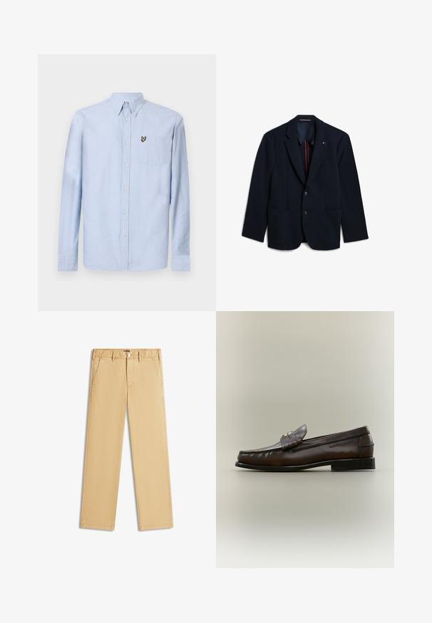 Marineblå blazer med hakkede revers, to knapper, to forlommer med klap og et lille flaglogo på brystlommen.; Lysblå langærmet skjorte med nedknappet krave, forlommer og broderet logo. Fremstillet af struktureret bomuldsstof.; Beige bukser med lige ben, bæltestropper, forreste knap og skrå sidelommer, lagt fladt på en hvid baggrund.; Mørkebrun læderloafer med lav sort hæl, mokkasinsyning og en dekorativ rem over toppen.