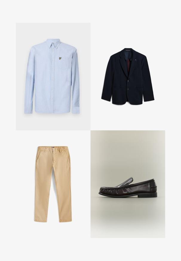 Marineblauer Blazer mit Kerbkragen, zwei Knöpfen, zwei aufgesetzten Fronttaschen und kleinem Flaggenlogo auf der Brusttasche.; Hellblaues Langarmhemd mit Button-Down-Kragen, Brusttasche und gesticktem Logo. Hergestellt aus strukturiertem Baumwollstoff.; Beige gerade geschnittene Hose mit Fronttaschen, Gürtelschlaufen, Knopf- und Reißverschluss, auf weißem Hintergrund dargestellt.; Schwarzer Leder-Slipper mit niedrigem Absatz und sichtbaren Nähten entlang der Spitze und Seiten, mit kleinem Logo an der Seite.