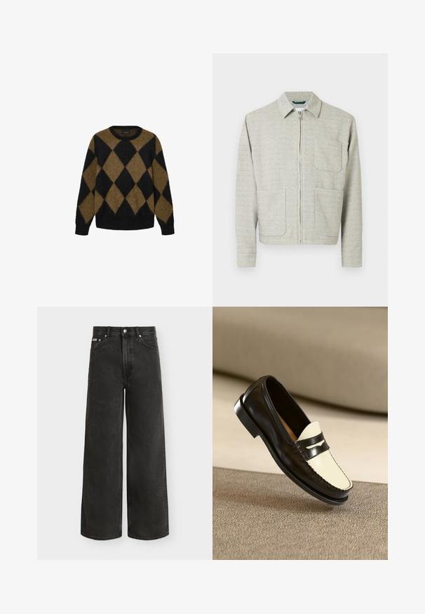 Lysegrå lynlåstrøje i tekstureret stof med spids krave, to forlommer og lange ærmer med lige snit.; Sort og brun argyle-mønster cardigan lavet af fluffy strikmateriale. Rund halsudskæring og lange ærmer; blød tekstur med en afslappet pasform.; Sorte jeans med høj talje og vide ben med knap- og lynlås-lukning, for- og baglommer, vist mod en hvid baggrund.; Sort læderloafer med en cremefarvet vamp og sorte accentstriber, som har en lav hæl og detaljeret syning langs kanterne.