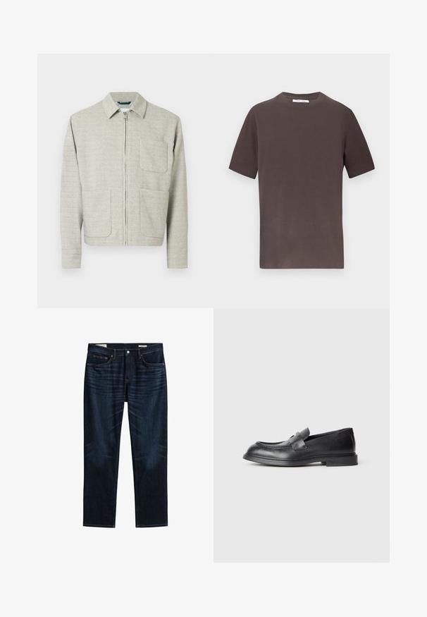 Veste gris clair zippée en tissu texturé, avec un col pointu, deux poches avant et des manches longues à coupe droite.; T-shirt en coton marron avec des manches courtes, un col rond et une coupe décontractée. Texture lisse sans motifs ni accents visibles.; Jean bleu foncé à jambes droites avec poches avant et arrière, fermeture par boutons et détails de whiskering subtils sur les cuisses.; Mocassins en cuir noir avec une finition texturée, dotés d'une bride décorative à l'avant et d'un bout arrondi. Semelle en caoutchouc pour plus de durabilité.