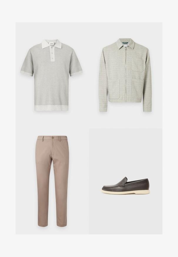 Chaqueta gris claro con cremallera, en tejido texturizado, con cuello de punta, dos bolsillos frontales y mangas largas de corte recto.; Polo de punto de manga corta en gris claro con tres botones y un patrón texturizado, que presenta un cuello y bordes del dobladillo ligeramente más oscuros.; Pantalones de hombre beige ajustados con trabillas, botón frontal y cierre de cremallera, exhibidos sobre un fondo blanco liso.; Zapatos de cuero marrón tipo slip-on con una superficie texturizada y una suela en un tono beige claro, con punta redondeada y detalles de costura mínimos.
