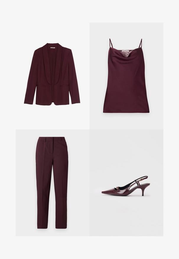 Blazer bordeaux avec un col châle, poches avant doubles et une texture de tissu lisse. Coupe structurée avec des manches longues et sans boutons.; Caraco en satin bordeaux profond sans manches avec fines bretelles réglables et détail en dentelle le long du décolleté bénitier.; Pantalon droit bordeaux avec une texture lisse, présentant un devant plat et sans poches visibles. Coupe ajustée avec une coupe classique.; Talons aiguilles bordeaux à bride arrière avec un bout pointu, finition en cuir brillant, petite découpe à l'avant et un talon stiletto fin avec des accents dorés.