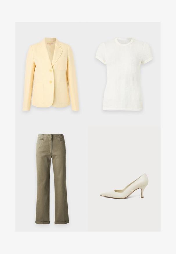 Blazer jaune clair avec revers crantés, deux boutons devant, trois poches extérieures et manches longues sur fond uni.; T-shirt blanc en maille côtelée à manches courtes avec col rond et manches légèrement bouffantes.; Pantalons larges beige en tissu doux. Comprend un ourlet roulé, des poches avant et une fermeture éclair avec bouton.; Chaussure à talon haut en cuir couleur crème, à bout pointu et talon fin de hauteur moyenne, sur un fond clair uni.