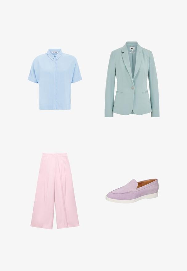 Lyseblå blazer lavet af glat stof med enkelt knaplukning, hakkede revers og to sidelommer. Simpelt og skræddersyet design.; Lysblå kortærmet skjorte lavet af blødt stof, med knaplukning foran og klassisk krave. Glat tekstur og afslappet pasform.; Lyserøde bukser med vide ben, høj talje, forreste folder og sidelommer, vist mod en hvid baggrund.; Lavendel ruskinds slip-on sko med en glat tekstur, rund tå og hvid gummisål. Har minimal syning og et diskret logo på siden.