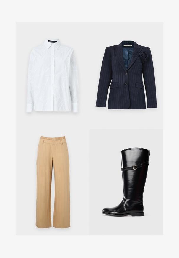 Tumesinine pinstripe bleiser kahe nupuga, klapptaskute, sälgkaare ja vasakul kraeääril kangast lillekese küljekinnitusega.; Valge nööpidega särk, millel on tekstiilne skriptimuster, klassikaline krae, pikad varrukad ja sirge serv. Valmistatud kergest kangast.; Beežid triibulised püksid elastse vöökohaga, vööaasadega, nupu kinnitusega ja sirgete säärtega.; Pikk must nahkne saabas madala kontsaga ja dekoratiivse rihmaga, millel on hõbedane pandla kaela ümbritseval osal.