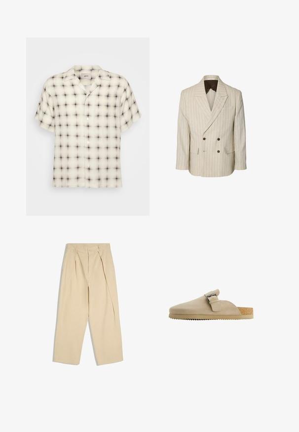 Beige dubbelbreasted blazer met dunne verticale strepen en donkere knopen, met notch-revers en twee voorzakken met klep.; Lichtcrème overhemden met korte mouwen en een zwart-grijze ruitpatroon, voorzien van een camp collar en één borstzak.; Beige hoge taille broek met plooien aan de voorkant, knoop- en ritssluiting en brede rechte pijpen.; Beige suède klomp met een gebogen vorm, verstelbare metalen gesp en een getextureerde kurken voetbed. De buitenzool heeft een getande rand voor grip.