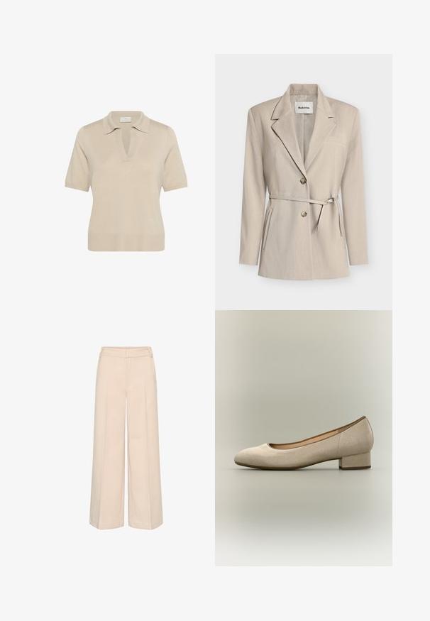 Blazer beige avec une coupe ajustée, revers crantés, fermeture à double bouton, taille ceinturée et poches latérales. Tissu lisse avec une texture subtile.; Polo en maille beige avec un col en V et des manches courtes. Doté d'un col et d'un ourlet côtelé, fabriqué à partir d'un tissu doux et texturé.; Pantalon large beige avec une coupe ajustée, des plis avant et une taille plate pour un ajustement structuré. Texture de tissu douce et légère.; Chaussure beige pour femme à talon bas, bout arrondi et texture lisse, présentée sur un fond neutre.