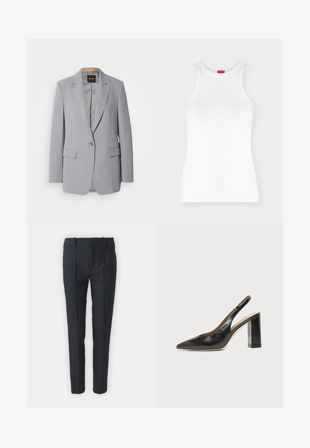 Blazer gris claro con cierre de un botón, solapas de pico y dos bolsillos frontales. Textura suave y detalle de forro naranja en el interior.; Camiseta de tirantes blanca con canalé, cuello alto redondo y forma ajustada, mostrada sobre un fondo claro y sencillo.; Pantalones de corte ajustado en azul marino con una textura suave, que presentan pliegues frontales, pasadores para cinturón y un diseño de pierna recta, fabricados con un tejido ligero.; Zapato slingback de piel negra con puntera puntiaguda, tacón alto y ancho, y forro interior beige sobre un fondo claro y liso.