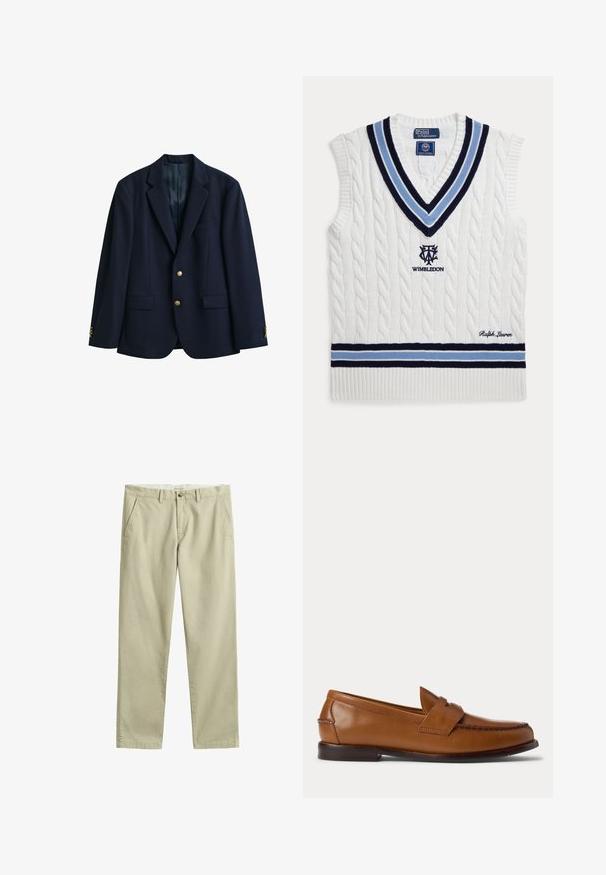 Blazer azul marino de un solo botón con dos botones dorados, solapas con muesca, bolsillos con solapa y botones en los puños, mostrado sobre un fondo blanco.; Chaleco sin mangas blanco de punto trenzado con rayas azules y negras, logo de Wimbledon y bordado de Ralph Lauren.; Pantalones chinos beige de pierna recta con trabillas para cinturón, cierre delantero con botón y cremallera, y bolsillos laterales, colocados planos sobre un fondo blanco.; Zapato tipo mocasín penny loaf de cuero marrón con tacón bajo y detalles cosidos en la parte frontal y los laterales, mostrado de lado sobre un fondo blanco.
