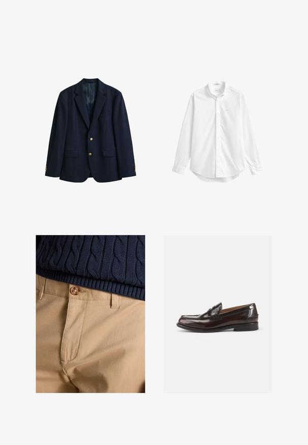 Blazer azul marino de un solo botón con dos botones dorados, solapas con muesca, bolsillos con solapa y botones en los puños, mostrado sobre un fondo blanco.; Camisa blanca de manga larga con botones, cuello, pequeño logo bordado en el pecho y bajo curvado.; Primer plano de pantalones beige con cierre de botón combinados con el dobladillo de un suéter de punto con trenzas azul marino.; Mocasines de cuero marrón con un acabado brillante, un diseño cosido en la punta y un tacón bajo. Detalle de marca en relieve en el lateral.