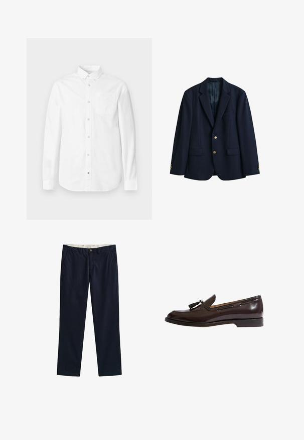 Marineblauwe eenrijige blazer met twee gouden knopen, notch-revers, klepzakken en knopen aan de manchetten, getoond op een witte achtergrond.; Witte blouse met lange mouwen van katoen. Voorzien van een button-down kraag, voorzak en subtiele textuur. Rechte zoom met knoopsluitingen.; Marineblauwe rechte broek met knoop- en ritssluiting, ceintuurlussen en voorste zijzakken.; Scarosso Bootschoenen - burgundy polished calf