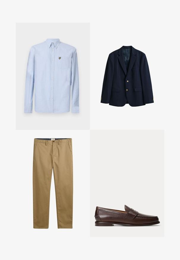 Marineblauwe eenrijige blazer met twee gouden knopen, notch-revers, klepzakken en knopen aan de manchetten, getoond op een witte achtergrond.; Lichtblauwe langetermijnoverhemd met button-down kraag, borstzak en geborduurd logo. Gemaakt van textuurkatoenen stof.; Khaki katoenen broek met een rechte pasvorm, voorzien van zijzakken, een knoopsluiting en een gestructureerde stof.; Donkerbruine leren penny loafer met stikseldetails en lage gestapelde hak, van opzij gezien op een effen achtergrond.