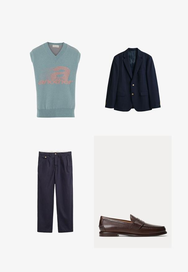 Marineblauer einreihiger Blazer mit zwei goldenen Knöpfen, Notch-Revers, Pattentaschen und Knöpfen an den Manschetten, dargestellt auf weißem Hintergrund.; Helles blaues ärmelloses Stricktop mit V-Ausschnitt, das ein rosa grafisches Design mit dem Wort "another" und einem Geschwindigkeitsmotiv zeigt. Gerippter Saum.; Marineblaue Freizeithose mit geknöpfter Seitenklappe, vorderen Falten und Gürtelschlaufen.; Dunkelbrauner Leder-Pennyloafer mit Nahtdetails und niedrigem gestapeltem Absatz, seitlich auf einfachem Hintergrund gezeigt.