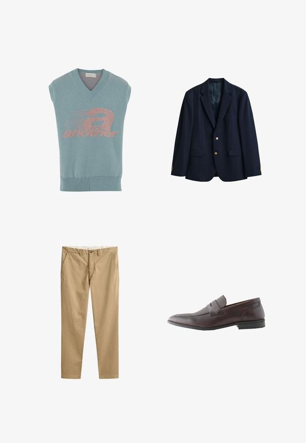 Marineblauwe eenrijige blazer met twee gouden knopen, notch-revers, klepzakken en knopen aan de manchetten, getoond op een witte achtergrond.; Lichtblauwe mouwloze gebreide vest met een V-hals, voorzien van een roze grafisch ontwerp met het woord "another" en een snelheidsmotief. Geribbelde zoom.; Beige chino's met rechte pijpen, riemlussen, knoop aan de voorkant, ritssluiting en zijzakken, plat uitgestald op een witte achtergrond.; Donkerbruine leren herensloffen met een lage hak en een doorgestikt banddetail over het bovenwerk.