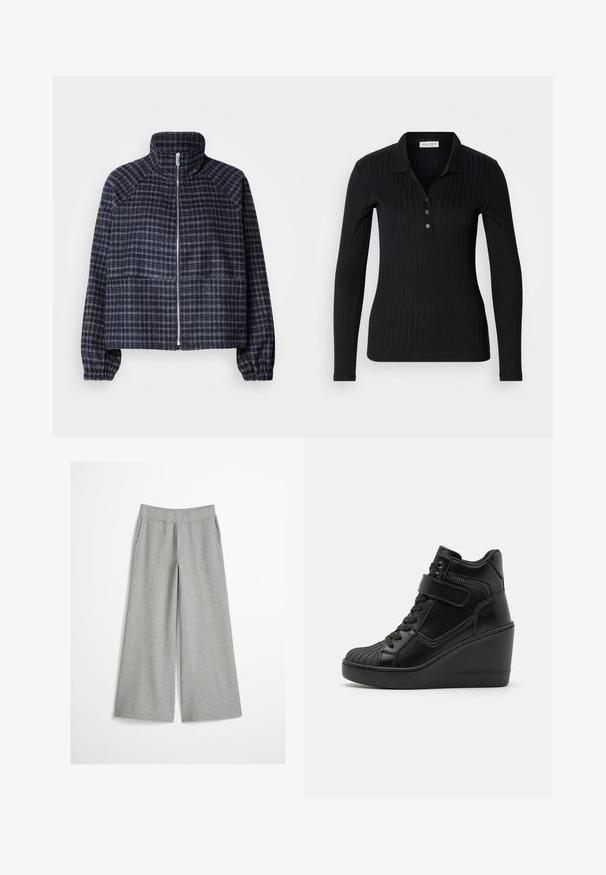 Kort jakke i mørkeblå plaidstof. Har høj krave, lynlås foran og gatherede manchetter for en tætsiddende pasform.; Sort langærmet polo-shirt lavet af ribbet stof, med krave, tre-knaps lukning og slank pasform.; Lysegrå bukser med vide ben og elastisk taljebånd, lavet af blødt strikket stof, vist på en ensfarvet hvid baggrund.; Sorte høje wedge sneakers lavet af glat læder, med snørebånd foran, justerbar rem og dekorative lynlåse.