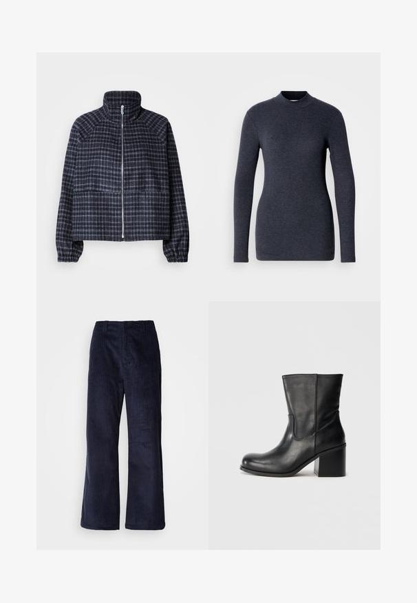 Kort jakke i mørkeblå plaidstof. Har høj krave, lynlås foran og gatherede manchetter for en tætsiddende pasform.; Mørkegrå langærmet turtleneck-top lavet af blødt stof, med en tætsiddende pasform og glat tekstur uden synlige mønstre eller hardware.; Mørkeblå kordfløjel brede bukser med lodrette ribber, elastisk talje og uden synligt hardware. Blød tekstur og afslappet pasform.; Sort læderankelstøvle med rundet tå, sidesømme og en chunky blokhælk. Glat tekstur og minimalistisk design.