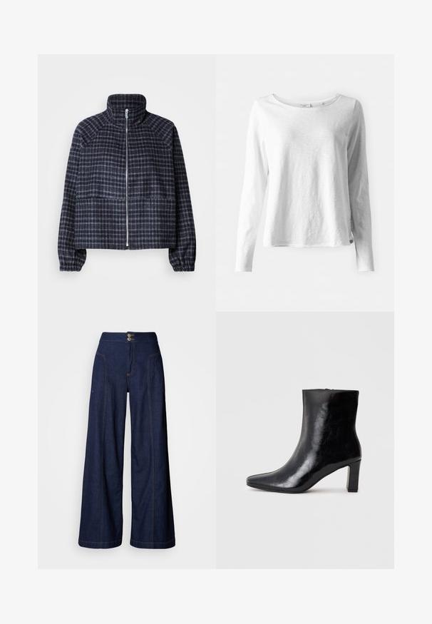 Veste raccourcie en tissu à carreaux bleu marine foncé. Dispose d'un col haut, d'une fermeture éclair à l'avant et de poignets froncés pour un design ajusté.; T-shirt blanc à manches longues en tissu doux et léger; doté d'un col rond et d'un ajustement légèrement décontracté; étiquette visible sur le côté.; Jean à jambes larges en denim foncé avec des surpiqûres orange contrastantes, deux poches avant et une fermeture à double bouton à la taille.; Bottine noire en cuir brillant, avec un bout pointu et un talon carré moyen, présentant une texture lisse et un design simple.