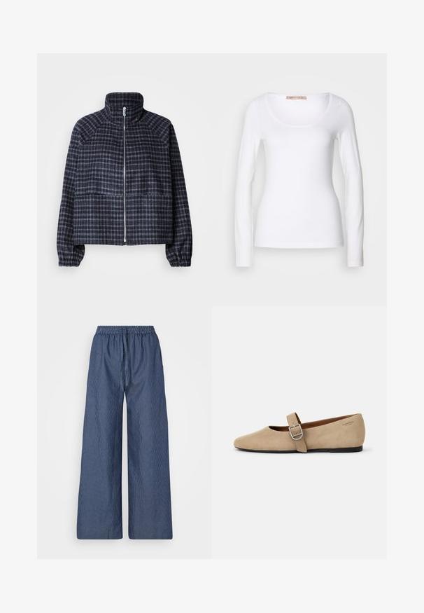 Veste raccourcie en tissu à carreaux bleu marine foncé. Dispose d'un col haut, d'une fermeture éclair à l'avant et de poignets froncés pour un design ajusté.; T-shirt en coton blanc à manches longues, avec un col rond et une coupe ajustée, au toucher doux et sans ornement.; Pantalons amples légers à rayures bleues et blanches, avec une taille à cordon de serrage et un bandeau élastique, en tissu doux et à coupe décontractée.; Ballerines en daim beige de style Mary Jane avec un bout pointu et une seule sangle réglable dotée d'une boucle en métal argenté. Semelle plate noire.