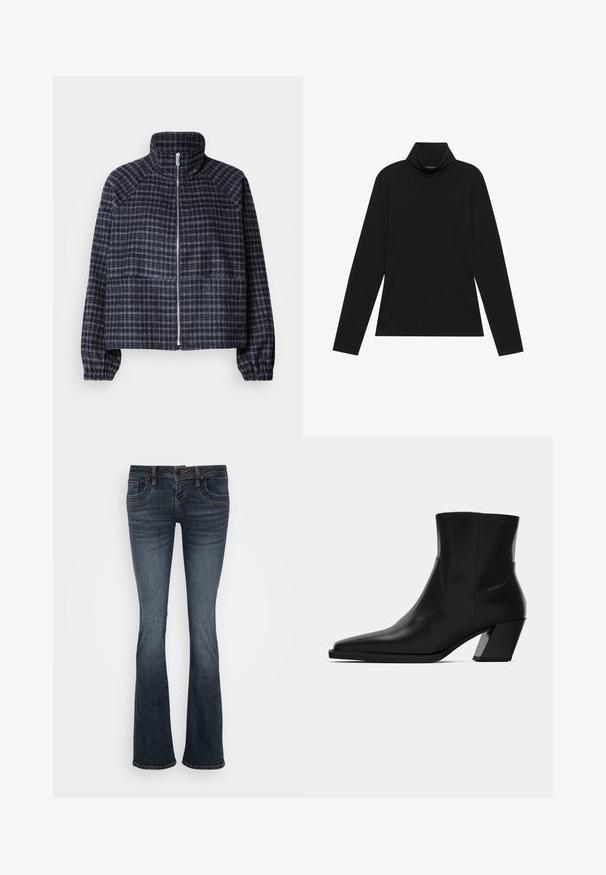 Geknipte jas van donker marineblauwe plaidstof. Beschikt over een hoge kraag, een ritssluiting aan de voorkant en gerimpelde manchetten voor een aansluitend ontwerp.; Zwarte langetermijn turtleneck. Zachte stof, getailleerd design, hoge kraag en zijnaad. Eenvoudige en veelzijdige stijl die geschikt is voor het laagjes dragen.; Donkerblauwe uitlopende jeans met een middelhoge taille, vijf zakken en subtiele stiksels. Gemaakt van denim met een gladde textuur.; Zwarte leren enkelboot met een spitse neus, een slanke silhoeet en een chunky vierkante hak. Gladde textuur met minimale stikdetails.