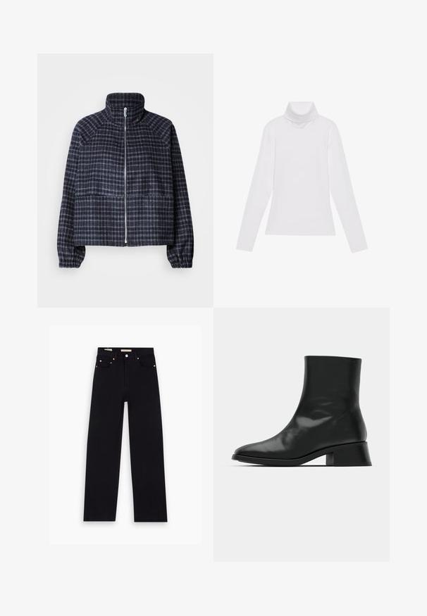 Veste raccourcie en tissu à carreaux bleu marine foncé. Dispose d'un col haut, d'une fermeture éclair à l'avant et de poignets froncés pour un design ajusté.; Haut à col roulé à manches longues blanc, fabriqué en tissu lisse et extensible. Il présente un col haut et une coupe ajustée, sans motifs ni embellissements visibles.; Jean en denim noir avec une coupe droite, cinq poches, matériel en cuivre et texture lisse. Deux étiquettes visibles sur la taille.; Bottine noire en cuir brillant, au design épuré, avec un bout pointu et un petit talon bloc pour plus de stabilité.