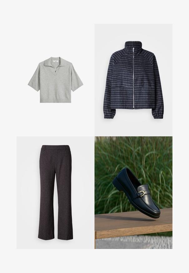 Chaqueta corta de tela de cuadro en azul marino oscuro. Presenta un cuello alto, cierre de cremallera en la parte delantera y puños fruncidos para un diseño ajustado.; Polo de manga corta en gris claro con cuello en V y dobladillo acanalado. Fabricado en tejido de punto, presenta un cuello estructurado.; Mos Mosh SVALA - Pantalones - black; Mocasín de cuero negro con detalle de hebilla dorada flotando sobre un banco de madera, césped verde desenfocado al fondo.