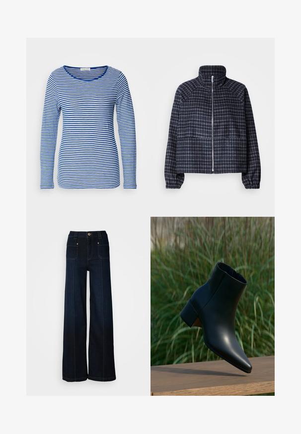 Chaqueta corta de tela de cuadro en azul marino oscuro. Presenta un cuello alto, cierre de cremallera en la parte delantera y puños fruncidos para un diseño ajustado.; Camisa de manga larga con escote redondeado, que presenta rayas horizontales alternadas en azul y blanco. Fabricada con un tejido suave y ligero.; Jeans de mezclilla de pierna ancha en azul oscuro. Presentan bolsillos frontales, herrajes en tono dorado y costuras en contraste. Textura suave con un diseño casual.; Botín negro de cuero con tacón bloque, punta puntiaguda, exhibido sobre superficie de madera con fondo borroso de césped verde.