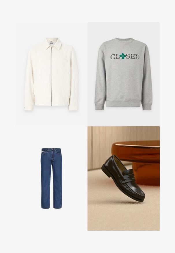 Ecru ritssluitingjack met een kraag, lange mouwen en een enkele borstzak, gemaakt van gestructureerde stof.; Lichtgrijze longsleeve sweater met de tekst "CLOSED" in het zwart gedrukt, waarbij "O" is vervangen door een groene klaver met vier blaadjes op de borst.; Blauwe jeans met rechte pijpen gemaakt van denim, voorzien van vijf zakken, een knoop- en ritssluiting, en subtiele vervaging op de stof.; Glanzende zwarte leren loafer met een banddetail, geplaatst op een beige tapijt naast een ronde bruine salontafel in een zacht verlichte kamer.