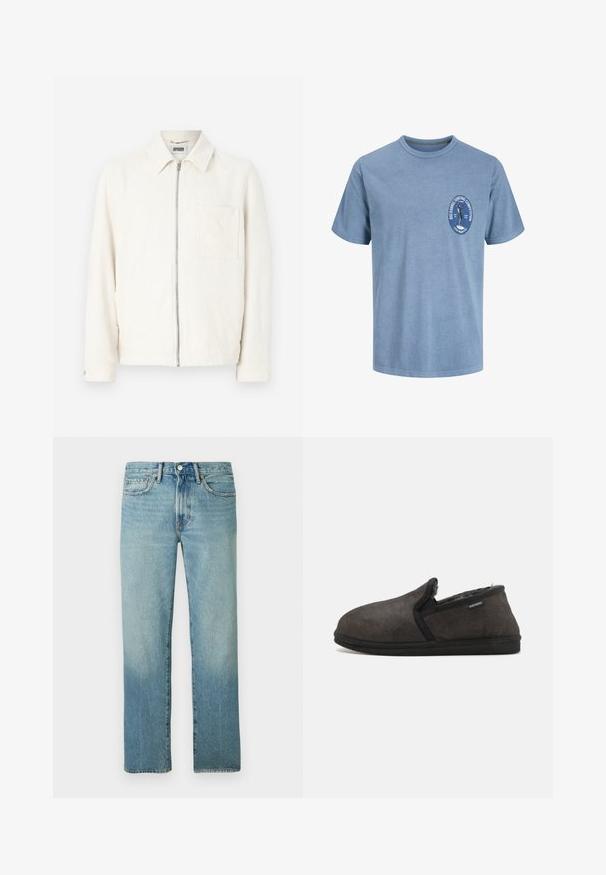 Off-white Reißverschlussjacke mit Kragen, langen Ärmeln und einer einzelnen Brusttasche, gefertigt aus strukturiertem Stoff.; Hellblaues Kurzarm-T-Shirt mit kleinem Brustlogo, das einen Surfer und den Text '"Big Barrel Surfing Competition, Local Members Only."' zeigt.; Hellblaue Denim-Jeans mit geradem Schnitt, sichtbaren Nähten und einem verblassten Muster. Verfügt über einen Knopfverschluss und fünf Taschen.; Graue Wildlederschlappen mit weicher Textur, runder Form, elastischem Einstieg und schwarzer Gummisohle. Mit einem Markenetikett an der Seite akzentuiert.