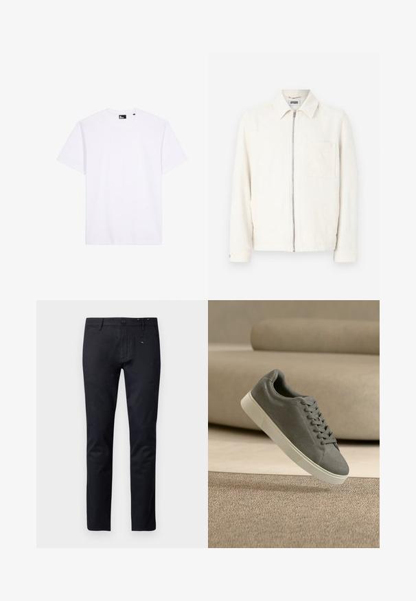 Veste zippée blanc cassé avec col, manches longues et une seule poche poitrine, confectionnée en tissu texturé.; T-shirt blanc à manches courtes et col rond en tissu lisse, avec une étiquette de marque noire à l'intérieur du col.; Pantalons en coton noir avec une coupe droite, des passants de ceinture et une fermeture à bouton. Présente des détails de couture subtils près de la taille.; Baskets en daim gris avec semelle blanche et lacets flottant au-dessus d'un tapis beige texturé dans une pièce aux tons neutres.