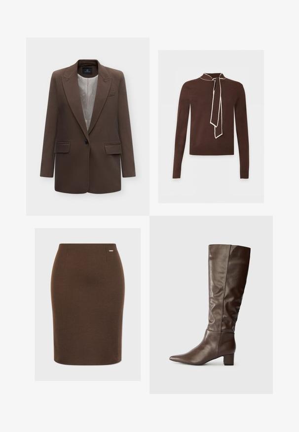 Enkeltknappet brun blazer med revers, to forlommer med klap og lyst beige mønstret foer, vist på en hvid baggrund.; Brun langærmet sweater med cremefarvet kant på krave, manchetter og bundet halstørklædedetalje, vist mod en lys baggrund.; Brun blyantskørter i strækstof med en glat tekstur. Har en tætsiddende silhuet og et lille metallogo på taljen.; Brune læder støvler til knæene med spids tæer og blokhæle. Skaftet har en glat, let samlede tekstur.