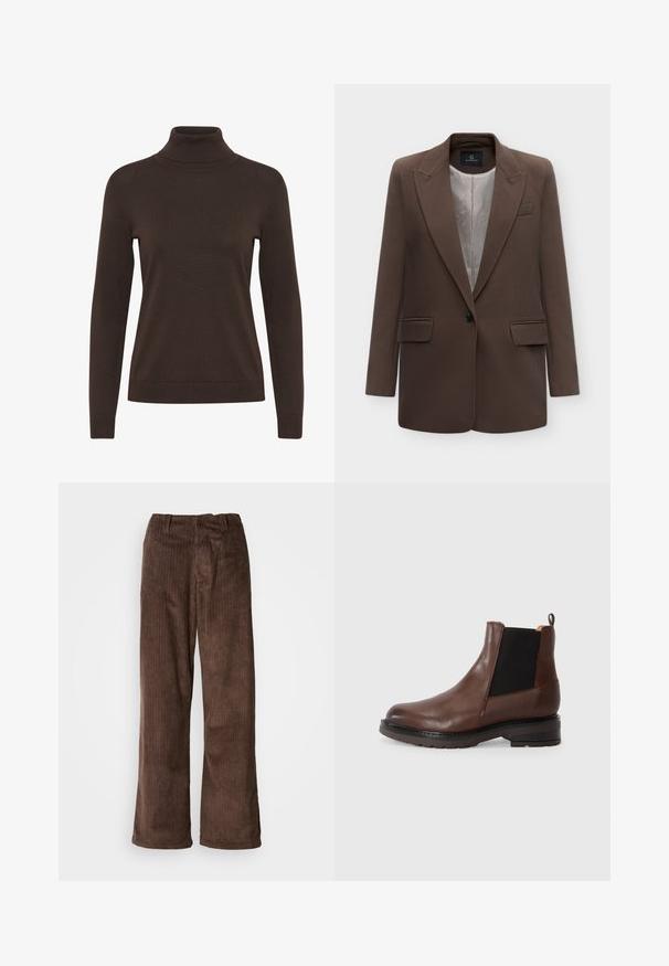 Blazer marron boutonné d'un seul bouton avec revers, deux poches avant à rabat et doublure intérieure beige clair à motifs, présenté sur fond blanc.; Pull à col roulé marron avec des manches longues, une coupe ajustée et une texture côtelée autour du col et des poignets.; Pantalons en velours côtelé marron avec une coupe ample, présentant des côtes verticales et une ceinture. Le tissu a une apparence douce et texturée.; Botte cheville en cuir brun avec des panneaux élastiques sur les côtés, une pointe arrondie et un petit talon empilé. Texture lisse avec une semelle en caoutchouc durable.