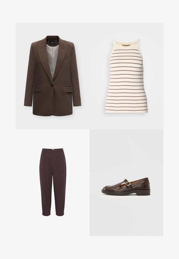 Blazer marron boutonné d'un seul bouton avec revers, deux poches avant à rabat et doublure intérieure beige clair à motifs, présenté sur fond blanc.; Débardeur côtelé en crème avec des rayures horizontales marron. Doté de bretelles larges et d'une silhouette ajustée. Étiquette visible au niveau de l'encolure.; Pantalon taille haute marron foncé avec une coupe décontractée, devant plissé et jambe fuselée, présentant une texture lisse et sans matériel visible.; Chaussure en cuir marron à bout arrondi, avec un design découpé et une bride munie d'une boucle argentée. Talon bas et solide noir avec des coutures décoratives.