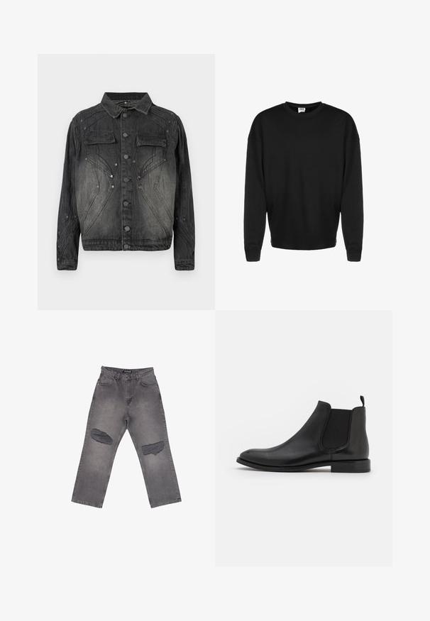 Sort, falmet denimjakke med knaplukning, brystlommer med klap og dekorative syninger.; Sort langærmet crewneck sweatshirt med ribbede manchetter og afslappet pasform, vist mod en hvid baggrund.; Grå denimjeans med høj talje, vide ben og store slidte pletter på begge knæ, med forlommer og bæltestropper.; Sorte læder Chelsea støvle med elastiske sidepaneler, en rund tå og en lav hæl. Glat tekstur med et minimalistisk design.