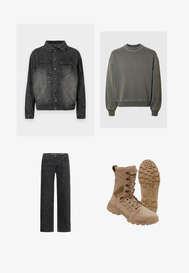 Zwarte vervaagde denimjack met knoopsluiting, klepborstzakken en decoratieve stikdetails.; Grijze gebreide trui met lange, wijde mouwen en een ronde hals. Voorzien van geribbelde manchetten en zoom, met een subtiele structuur in de stof.; Zwarte denim jeans met een ontspannen pasvorm, rechte pijpen, vijf-pocket ontwerp en een subtiele vervaagde textuur. Voorzien van een knoop- en ritssluiting.; Tan tactische laars met veterontwerp tot aan de enkel en stevige rubberen zool, één laars rechtopstaand en één die het profielpatroon toont.