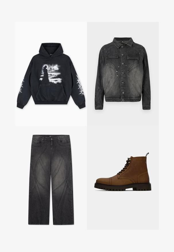 Must mustriks denim jakk musta värviga, millel on nööpide eesmine sulgemine, klapiga rinna-taskud ja dekoratiivsed õmblused.; Must kapuutsiga dressipluus, mille esiküljel on kujutis figuurist pilvise tausta ees. Sisaldab kängurumudelit ja tähtmustritega varrukaid.; FAVELA FLARED - Loose fit teksad - black; Pruuni nahast sidumisega pahkluusaapad paksu musta rakendusepidisega tallaga ja tõmbenööbiga valge taustal.