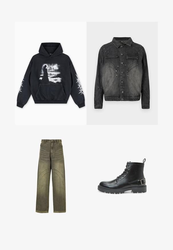 Must mustriks denim jakk musta värviga, millel on nööpide eesmine sulgemine, klapiga rinna-taskud ja dekoratiivsed õmblused.; Must kapuutsiga dressipluus, mille esiküljel on kujutis figuurist pilvise tausta ees. Sisaldab kängurumudelit ja tähtmustritega varrukaid.; Laiene säärega oliivrohelised teksad, millel on kaarjad õmbluste aktsentid, klassikaline nööpkinnitus ja pleekinud viimistlus.; Must musta saapad nahkaga, paeltega, metallist silmadega, vastupidava tallaga, kandmiseks tõmbetab ja küljes dekoratiivne pandlategu.