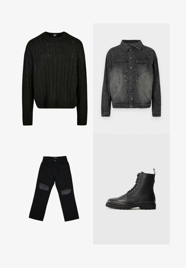 Must mustriks denim jakk musta värviga, millel on nööpide eesmine sulgemine, klapiga rinna-taskud ja dekoratiivsed õmblused.; Must kasvain kudumiga must kampsun, millel on kaabelkudumise muster, ümar kaelus, langevad õlad ja soonikkoes äär. Keskmise pikkusega disain, millel on tekstureeritud pind.; Mustadest denimpükstest, millel on lõdvestunud lõige ja kaks kulunud ala põlvedel. Kangas on sileda tekstuuriga ja minimaalsete pleekimistega.; Mustad mustav nahast pahkluu saapad ümmarguse varbaga, nööridega disain ja metallist silmad. Omab tekstureeritud talla ja tõmbeabba kanna juures hõlpsaks selga panemiseks.