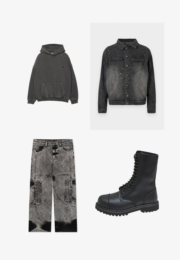 Zwarte vervaagde denimjack met knoopsluiting, klepborstzakken en decoratieve stikdetails.; Donkergrijze hoodie met een voorzak in kangoeroestijl, ribgebreide mouwen en onderrand, en een klein zwart geborduurd logo op de borst.; FAVELA BIG POCKET - Wijde jeans - black acid washed; Zwarte leren gevechtslaars met een hoge schacht, vetersluiting aan de voorkant, gewatteerde kraag en een stevige, gestructureerde zool voor grip. Bevat een versterkte neus.