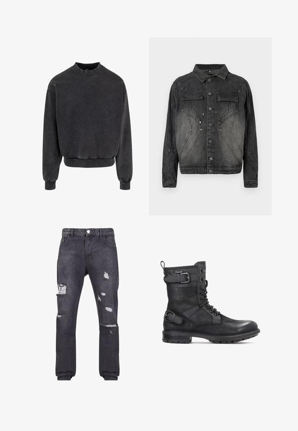 Sort, falmet denimjakke med knaplukning, brystlommer med klap og dekorative syninger.; Sort cropped sweatshirt med rund halsudskæring, ribbestrikkede manchetter og kant. Fremstillet af blødt materiale med et let falmet udseende.; Mørkegrå denimjeans med flere slidte huller og frynset kanter; klassisk fem-lomme-design med knaplukning og bæltestropper.; Kazar HEARD - Cowboy- / bikerstøvlette - black