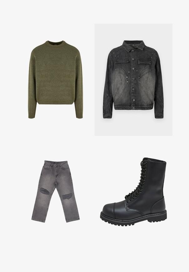 Sort, falmet denimjakke med knaplukning, brystlommer med klap og dekorative syninger.; Grøn uldblandings sweater med rund hals, ribbede manchetter og kant, samt en blød, struktureret finish. Klassisk, afslappet pasform med sænkede skuldre.; Grå denimjeans med høj talje, vide ben og store slidte pletter på begge knæ, med forlommer og bæltestropper.; Sort læder kampstøvle med høj skaft, snørebånd foran, polstret krave og en robust tekstureret sål for godt greb. Har forstærket tåhætte.