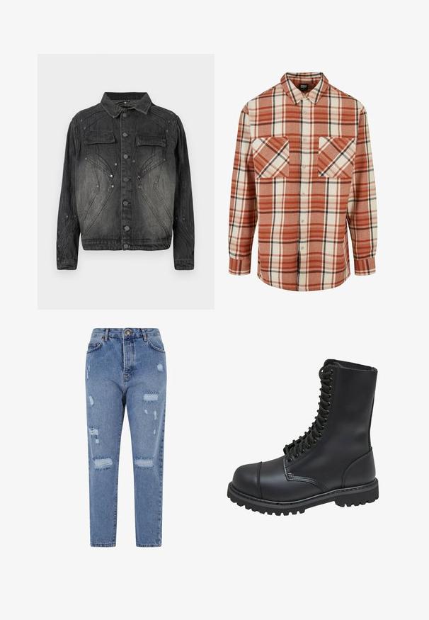 Zwarte vervaagde denimjack met knoopsluiting, klepborstzakken en decoratieve stikdetails.; Geruite shirt in oranje en crème, met zwarte accenten. Gemaakt van gestructureerde stof met een kraag en twee borstzakken.; Lichtblauwe denim jeans met een hoge taille, rechte pijpen en een versleten ontwerp met scheuren en rafelige randen overal.; Zwarte leren gevechtslaars met een hoge schacht, vetersluiting aan de voorkant, gewatteerde kraag en een stevige, gestructureerde zool voor grip. Bevat een versterkte neus.