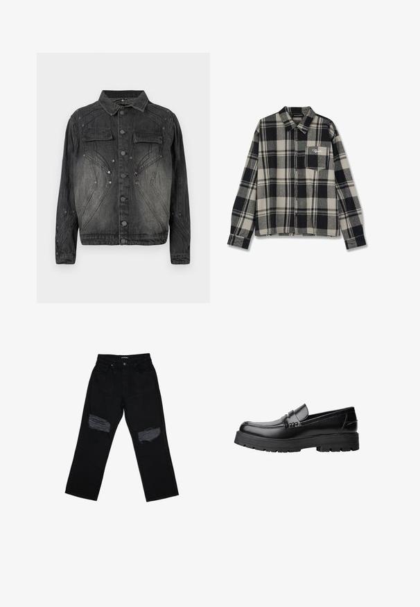 Sort, falmet denimjakke med knaplukning, brystlommer med klap og dekorative syninger.; Sort og cremefarvet ternet flannel skjorte med lange ærmer, knaplukning fortil, enkelt brystlomme og diskret logo broderi på lommen.; Sorte denim jeans med afslappet pasform, med slidte huller på fronten ved knæområdet og en standard talje med knaplukning.; Sort læderloafer med kraftig sål og dekorativ rem henover, vist i venstre sideprofil på hvid baggrund.