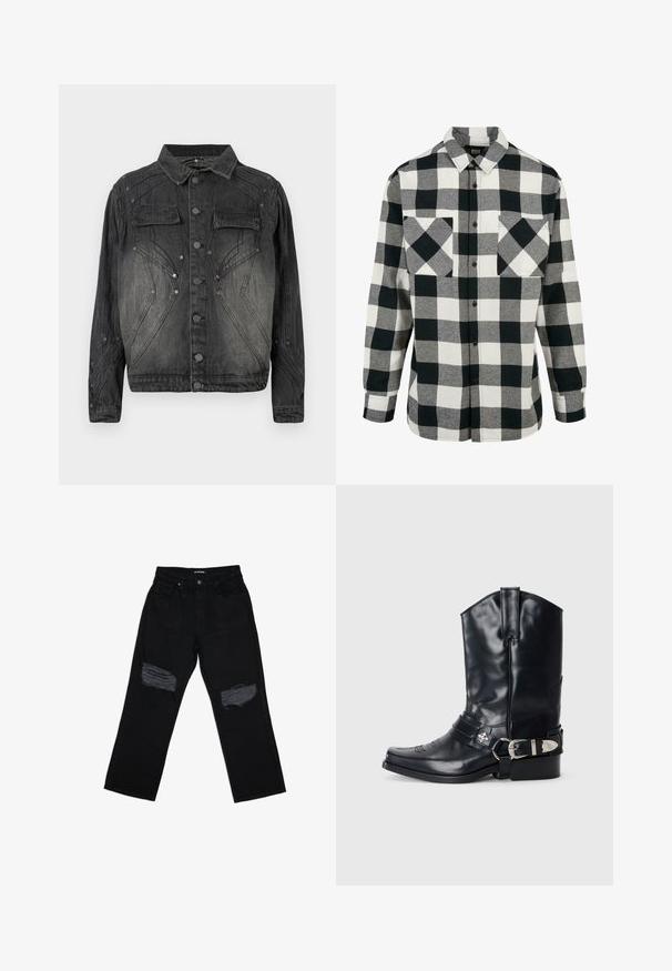 Veste en denim noire délavée avec fermeture à boutons, poches poitrine à rabat et détails de couture décoratifs.; Chemise en flanelle noir et blanc avec un grand motif à carreaux, manches longues, patte de boutonnage à l'avant et deux poches poitrine. Fabriquée en tissu doux.; Jean denim noir à coupe décontractée, avec deux patchs usés aux genoux. Le tissu présente une texture lisse et une décoloration minimale.; Botte de cowboy en cuir noir avec un bout pointu, une tige haute, des coutures décoratives et une quincaillerie en argent sur la sangle. Fini texturé.
