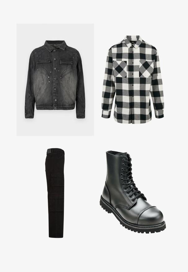 Zwarte vervaagde denimjack met knoopsluiting, klepborstzakken en decoratieve stikdetails.; Zwart-wit geruit flanellen shirt met een groot ruitpatroon, lange mouwen, een knoopsluiting aan de voorkant en twee borstzakken. Gemaakt van zachte stof.; Zwarte cargobroek met meerdere grote klepzakken, riemlussen en een rechte pijpsnit, zijaanzicht.; Zwarte leren combatboot met hoge enkel, ronde neus, vetersluiting aan de voorkant, en robuuste rubberen zool met diepe profiel voor grip.