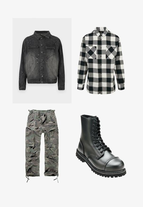 Must mustriks denim jakk musta värviga, millel on nööpide eesmine sulgemine, klapiga rinna-taskud ja dekoratiivsed õmblused.; Mustvalge flanellist särk, millel on suur ruuduline muster, pikad varrukad, nööbiga esiosa ja kaks rinna taskut. Valmistatud pehmest kangast.; Roheline ja hall kamoflaažiga cargo pükste komplekt, millel on mitu taskut, elastne vöökoht, reguleeritavad pahkluue sääred ja mugav lõige.; Must ajal nahast lahingusaapad kõrge ankuga, ümmarguse varbaga, nööridega ees ja robustse kummitaldaga, millel on sügavad mustrid haardeks.