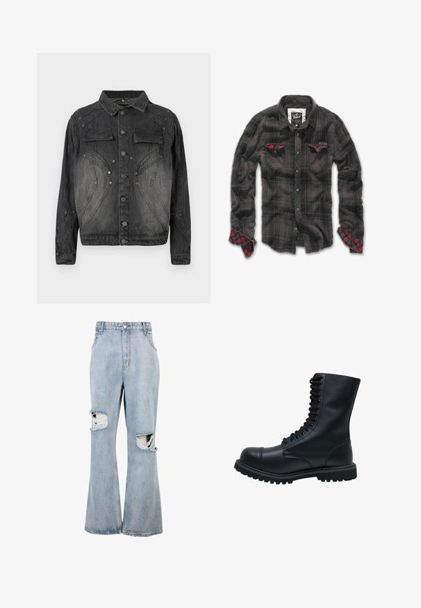 Schwarze, ausgebleichte Jeansjacke mit Knopfverschluss, aufgesetzten Brusttaschen und dekorativen Stickdetails.; Schwarzes karierte Flanellhemd mit roten Akzenten auf den Brusttaschen und den Manschetten, ausgestattet mit Knopfleiste und klassischem Kragen.; Hellblaue Jeans aus Denim mit hoher Taille, weitem Bein und auffälligen, stark ausgefransten Löchern auf beiden Knien, mit ausgefransten Rändern um die Risse.; Schwarze Leder Schnürstiefel mit runder Zehenkappe, hohem Schaft, dicker Gummisohle und texturierter Oberfläche. Enthält verstärkte Nähte entlang der Nähte.