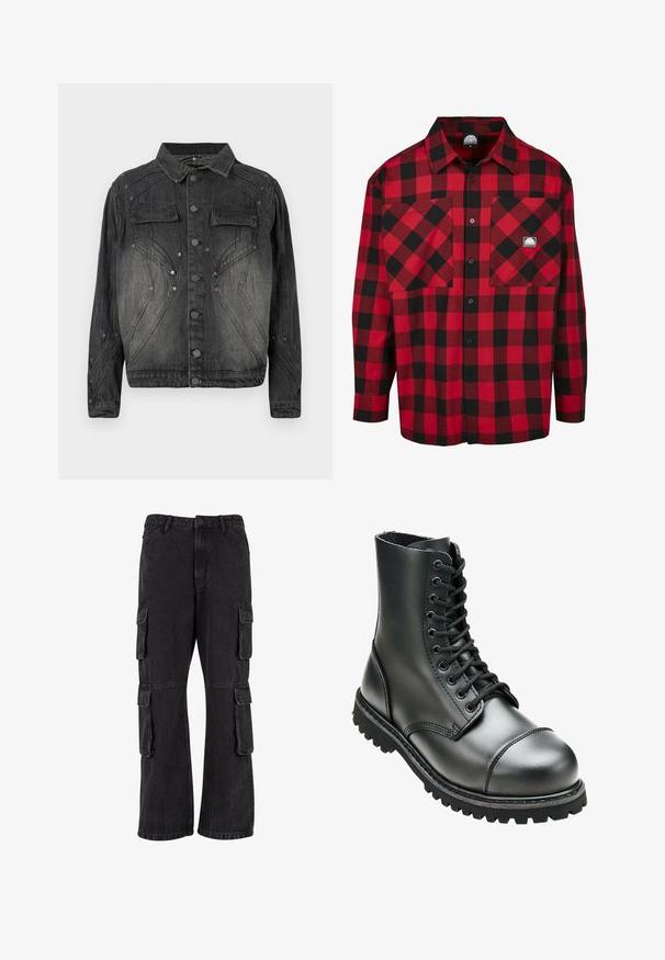 Sort, falmet denimjakke med knaplukning, brystlommer med klap og dekorative syninger.; Rød og sort ternet flannel skjorte med lange ærmer, knaplukning, to frontlommer og et lille brandlogo på brystlommen.; Sorte cargo-bukser lavet af denim, med en løs pasform, flere sidelommer og syet detaljer. Teksturen er let falmet.; Sort læderkampstøvle med høj ankel, rund tå, snørebånd foran og robust gummisål med dybe mønstre for godt greb.